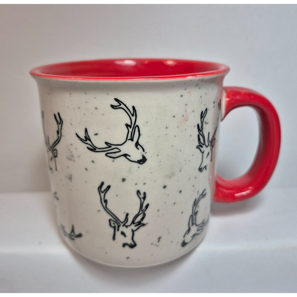 Meritage Ivory/Red Ceramic Speckled Christmas Reindeer Coffee Tea Cup Mug